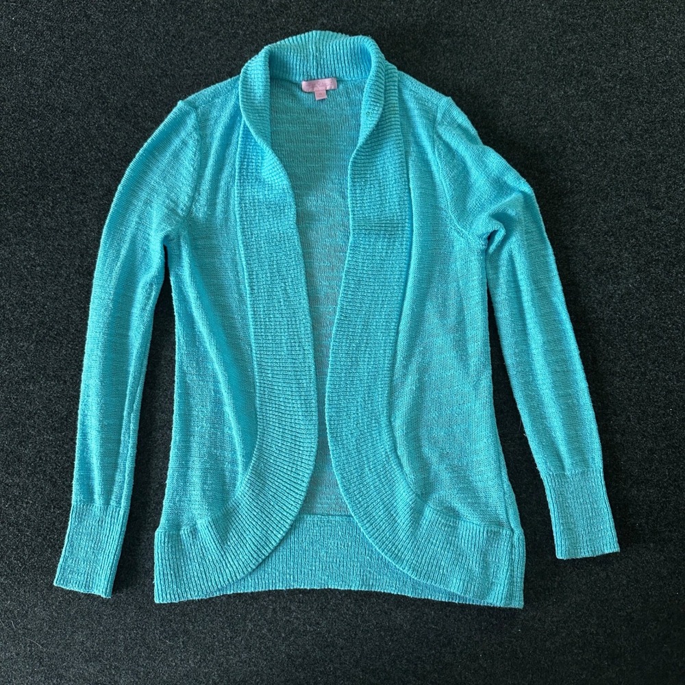 Lilly Pulitzer Turquoise Blue Open Front Shawl Collar Knit Cardigan Sweater M